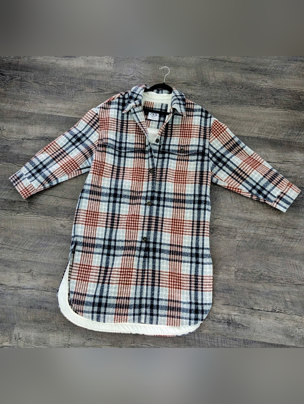 ZARA Women OVERSIZED Gray Plaid Wool Blend Button Up Designer Jacket Coat Size L